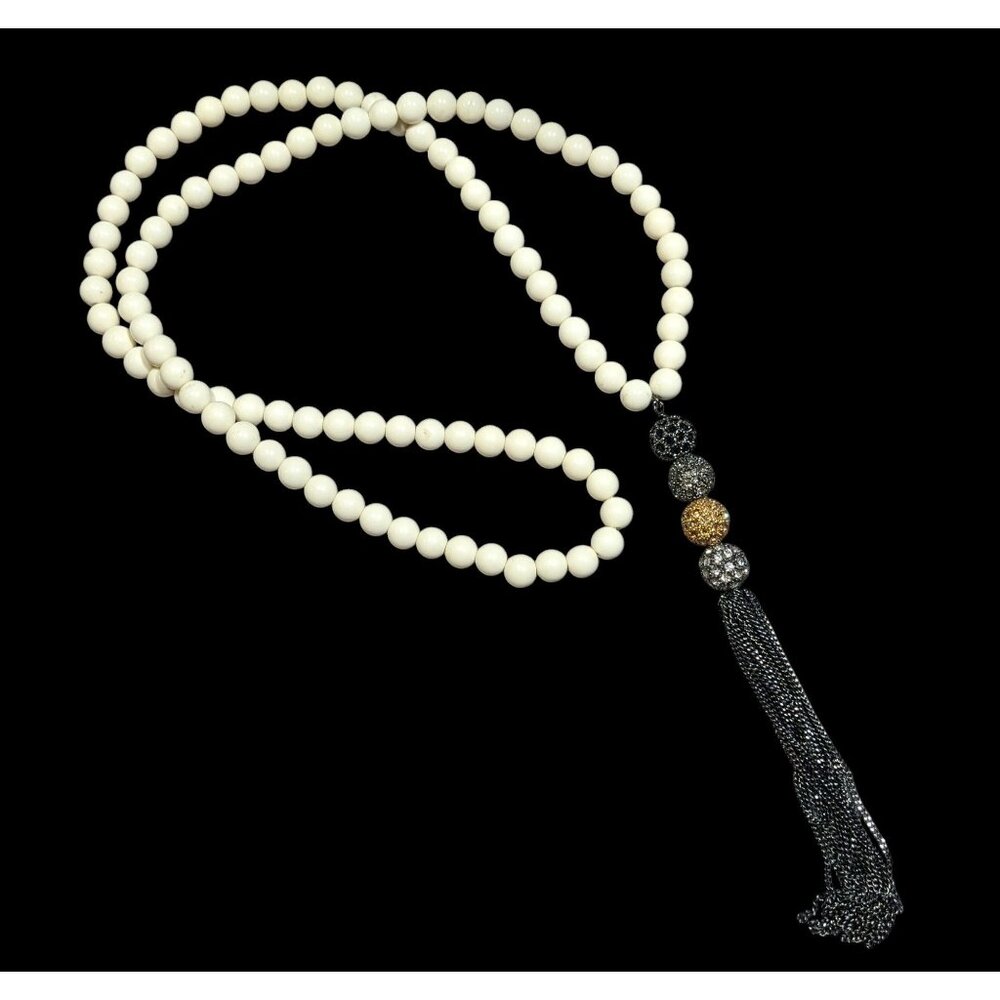 Boho Chic Stone Beaded Necklace With Metallic Rhinestone Bead And Chain Tassel
